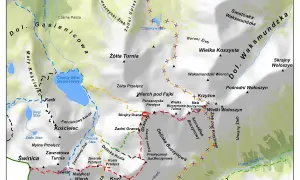Mapa Tatr z zaznaczonymi szlakami. Niektóre szlaki są oznaczone jako **zamkniete szlaki Tatry** (czerwona linia z przekreślonym kółkiem).