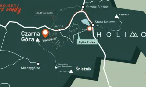 Mapa szlaku #PROJEKT zero nudy. Widoczna Czarna Góra, Śnieżnik, Stronie Śląskie, Międzygórze, Pętla Rudka i inne punkty.
