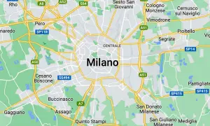 Mapa pokazuje, gdzie jest Mediolan, otoczony przez miasta takie jak Rho, Bollate, Sesto San Giovanni i Assago.