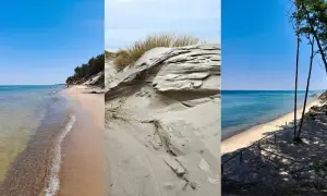 Trzy ujęcia dzikich plaż nad Bałtykiem: piaszczyste wydmy, spokojne morze i lasy na klifie.