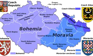 Mapa Czech z zaznaczonymi regionami. Gdzie jest Brno? W regionie Morawii Południowej, na wschód od Czech.