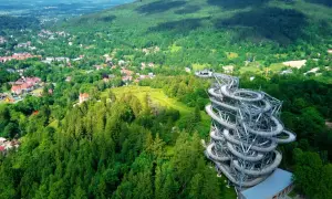 Widok na wieżę widokową w otoczeniu zielonych lasów i miasteczka. Idealne miejsce, gdzie w góry można wybrać się na spacer i podziwiać panoramę.