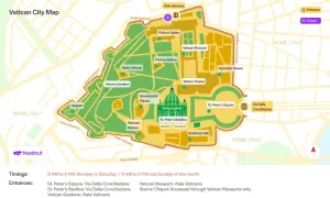Mapa Watykanu pokazuje gdzie jest Watykan, jego muzea, Kaplicę Sykstyńską, Bazylikę św. Piotra i ogrody.
