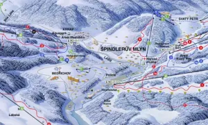Mapa zimowych atrakcji Szpindlerowy Młyn: trasy narciarskie, wyciągi, hotele, aquapark i restauracje.