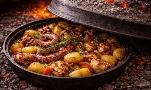 Ośmiornica z ziemniakami i rozmarynem, gotowana pod żarem. Prawdziwy smak kuchni chorwackiej.