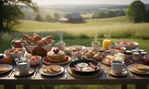 Obfite śniadanie na łonie natury, jak w ofercie all inclusive Polska: świeże pieczywo, owoce, jajka, bekon i kawa.