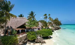 Rajski widok na Zanzibar, idealny czas na wakacje. Tropikalna plaża z palmami, kamiennymi schodkami i restauracją pod strzechą.