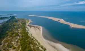 Widok z lotu ptaka na piaszczystą mierzeję otoczoną przez morze i zalesiony brzeg.