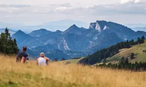 Para odpoczywa na trawiastym zboczu, podziwiając malownicze góry w okolicy Szczawnicy.