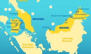 Mapa pokazuje, gdzie leży Malezja, z zaznaczonymi miastami jak Penang, George Town, Kuching, Kota Kinabalu. Widać też Tajlandię, Brunei i Indonezję.