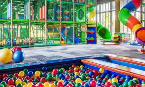 Kolorowa sala zabaw z basenem pełnym piłek i zjeżdżalniami. Idealne miejsce dla dzieci w rodzinnym hotelu nad morzem.