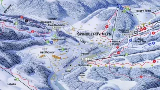 Mapa zimowych atrakcji Szpindlerowy Młyn: trasy narciarskie, wyciągi, hotele, aquapark i restauracje.