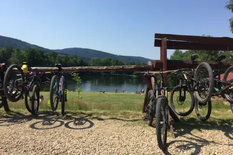 Rowerowe przygody czekają! Wiele rowerów gotowych do podboju tras rowerowych Świeradów Zdrój, nad jeziorem z plażowiczami.