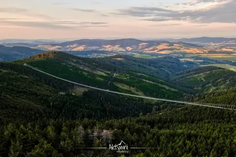 Długi, wiszący most w Czechach przecina gęsty las, łącząc dwa zbocza górskie. Widok zapiera dech w piersiach.