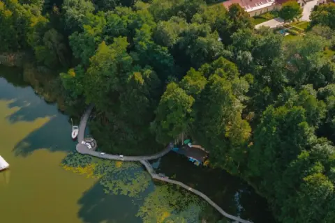 Drewniane pomosty i łódki tworzą fajne miejsca nad jeziorem, otoczone bujną zielenią.