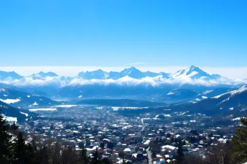 Zimowy krajobraz Zakopanego z ośnieżonymi szczytami Tatr w tle. Idealne miejsce na plan "Zakopane w 3 dni co zwiedzić".