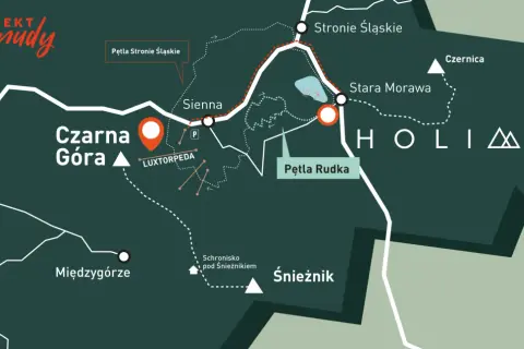 Mapa szlaku #PROJEKT zero nudy. Widoczna Czarna Góra, Śnieżnik, Stronie Śląskie, Międzygórze, Pętla Rudka i inne punkty.
