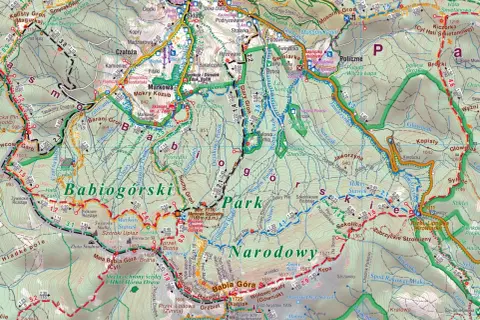 Beskid Żywiecki szlaki turystyczne: mapa szlaków Babiej Góry z zaznaczonymi punktami, schroniskami i trasami.
