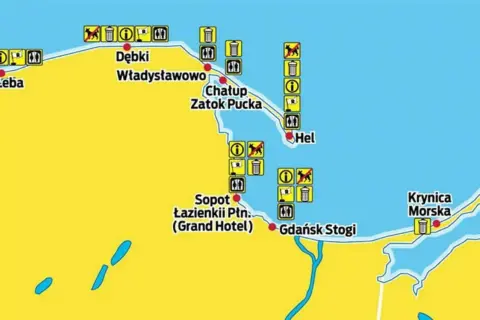 Mapa miejscowości nad morzem bałtyckim: Łeba, Dębki, Władysławowo, Hel, Sopot, Gdańsk Stogi, Krynica Morska. Znaki informują o zasadach korzystania z plaż.