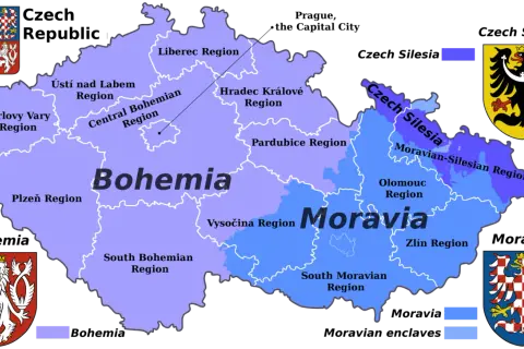 Mapa Czech z zaznaczonymi regionami. Gdzie jest Brno? W regionie Morawii Południowej, na wschód od Czech.