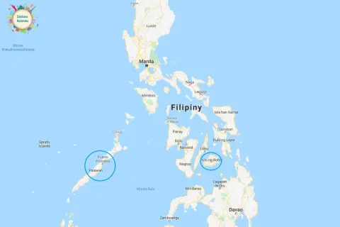 Mapa pokazuje, gdzie leżą Filipiny, z zaznaczonymi wyspami Luzon, Palawan i Mindanao, a także miastami Manila i Cebu.