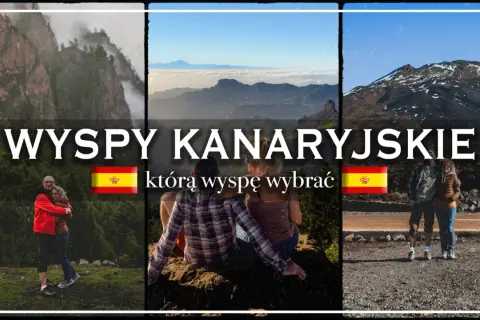 Wyspy Kanaryjskie, gdzie leżą? Trzy sceny z hiszpańskich wysp: para obejmująca się na tle gór, widok na góry i chmury, para na tle wulkanu.
