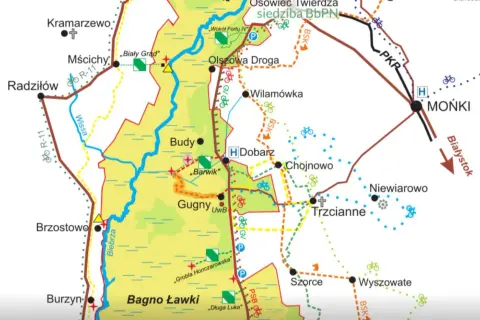Mapa szlaków rowerowych i pieszych w Biebrzańskim Parku Narodowym, największym parku narodowym w Polsce.