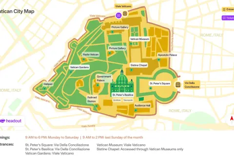 Mapa Watykanu pokazuje gdzie jest Watykan, jego muzea, Kaplicę Sykstyńską, Bazylikę św. Piotra i ogrody.