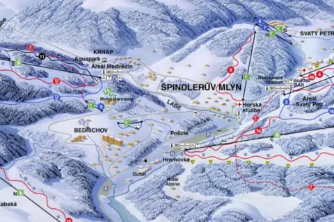 Mapa zimowych atrakcji Szpindlerowy Młyn: trasy narciarskie, wyciągi, hotele, aquapark i restauracje.