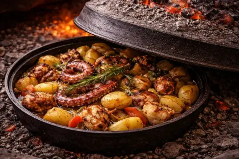 Ośmiornica z ziemniakami i rozmarynem, gotowana pod żarem. Prawdziwy smak kuchni chorwackiej.