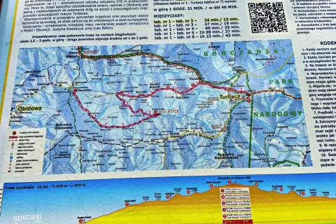 Mapa tras narciarskich w Gorcach, z zaznaczonymi szlakami na Turbacz i Obidową.