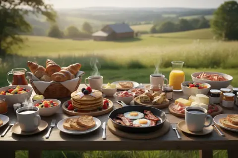 Obfite śniadanie na łonie natury, jak w ofercie all inclusive Polska: świeże pieczywo, owoce, jajka, bekon i kawa.