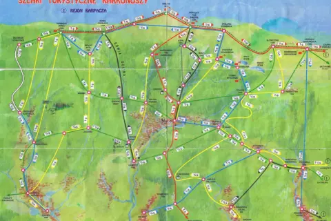 Karpacz jakie to góry? Mapa szlaków turystycznych Karkonoszy pokazuje malownicze trasy wokół Karpacza, prowadzące przez szczyty, doliny i schroniska.