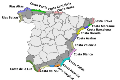 Mapa Hiszpanii z zaznaczonymi regionami turystycznymi: Costa Brava, Costa Dorada, Costa de la Luz i inne.