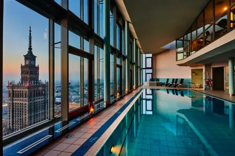 Basen z widokiem na Pałac Kultury. Luksusowy hotel, prawdopodobnie najdroższy hotel w Polsce, oferuje relaks w basenie z panoramicznym widokiem na Warszawę.