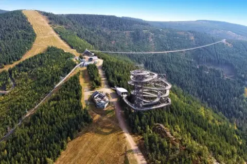 Widok na Sky Walk i najdłuższy most w Czechach, zawieszony nad gęstym lasem.