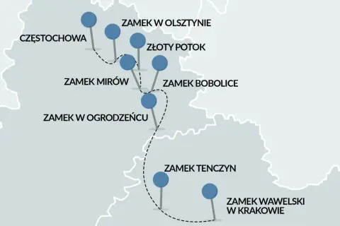 Mapa turystyczna z zaznaczonymi zamkami na Szlaku Orlich Gniazd: Częstochowa, Olsztyn, Złoty Potok, Mirów, Bobolice, Ogrodzieniec, Tenczyn, Wawel w Krakowie.