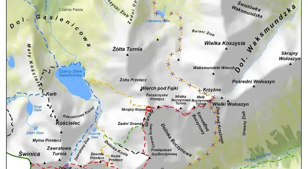 Mapa Tatr z zaznaczonymi szlakami. Niektóre szlaki są oznaczone jako **zamkniete szlaki Tatry** (czerwona linia z przekreślonym kółkiem).