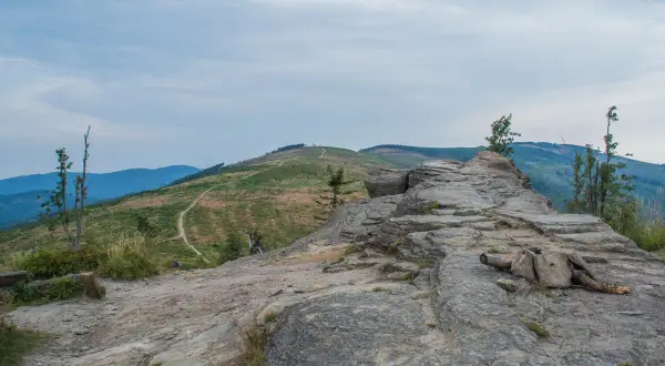 Kamienista ścieżka prowadzi przez zielone zbocza, ukazując malownicze beskid śląski szczyty.