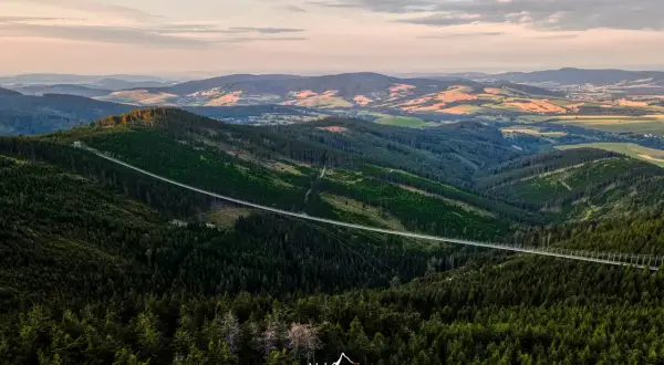 Długi, wiszący most w Czechach przecina gęsty las, łącząc dwa zbocza górskie. Widok zapiera dech w piersiach.