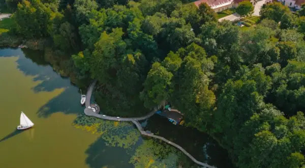 Drewniane pomosty i łódki tworzą fajne miejsca nad jeziorem, otoczone bujną zielenią.