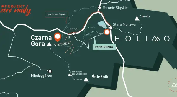 Mapa szlaku #PROJEKT zero nudy. Widoczna Czarna Góra, Śnieżnik, Stronie Śląskie, Międzygórze, Pętla Rudka i inne punkty.