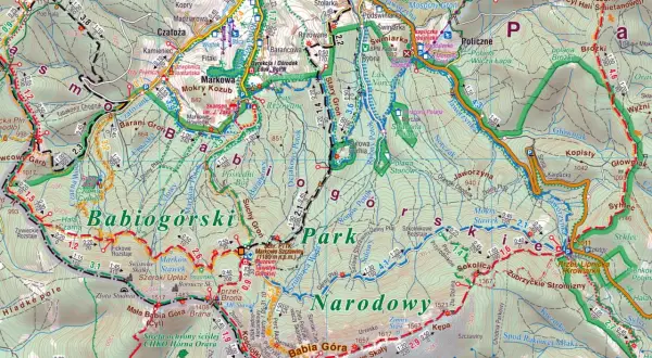 Beskid Żywiecki szlaki turystyczne: mapa szlaków Babiej Góry z zaznaczonymi punktami, schroniskami i trasami.