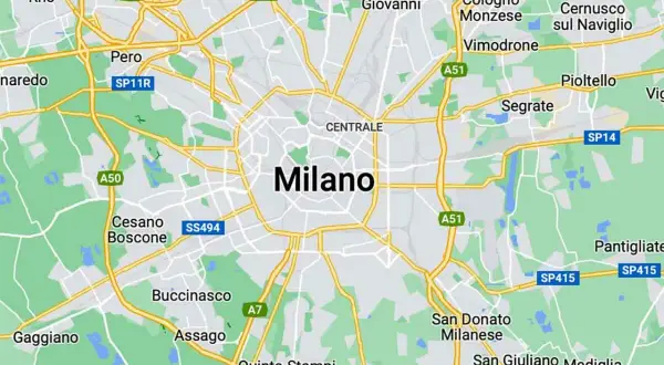 Mapa pokazuje, gdzie jest Mediolan, otoczony przez miasta takie jak Rho, Bollate, Sesto San Giovanni i Assago.