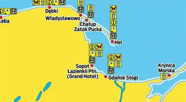 Mapa miejscowości nad morzem bałtyckim: Łeba, Dębki, Władysławowo, Hel, Sopot, Gdańsk Stogi, Krynica Morska. Znaki informują o zasadach korzystania z plaż.