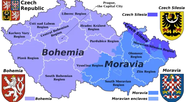 Mapa Czech z zaznaczonymi regionami. Gdzie jest Brno? W regionie Morawii Południowej, na wschód od Czech.