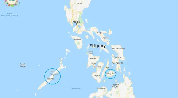 Mapa pokazuje, gdzie leżą Filipiny, z zaznaczonymi wyspami Luzon, Palawan i Mindanao, a także miastami Manila i Cebu.