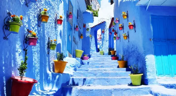 Kolorowe donice z kwiatami zdobią niebieskie schody w Maroku. To miejsce, które warto zobaczyć, by poczuć magię Chefchaouen.
