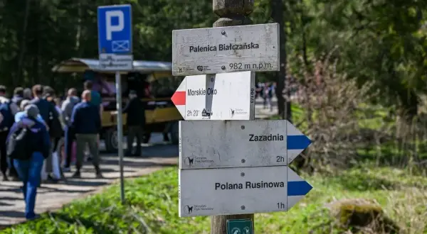 Znaki szlaku turystycznego w Tatrach. Czarny szlak co oznacza? Tutaj wskazuje drogę do Palenicy Białczańskiej, Morskiego Oka, Zazadniej i Polany Rusinowej.