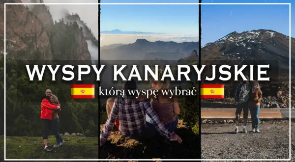 Wyspy Kanaryjskie, gdzie leżą? Trzy sceny z hiszpańskich wysp: para obejmująca się na tle gór, widok na góry i chmury, para na tle wulkanu.